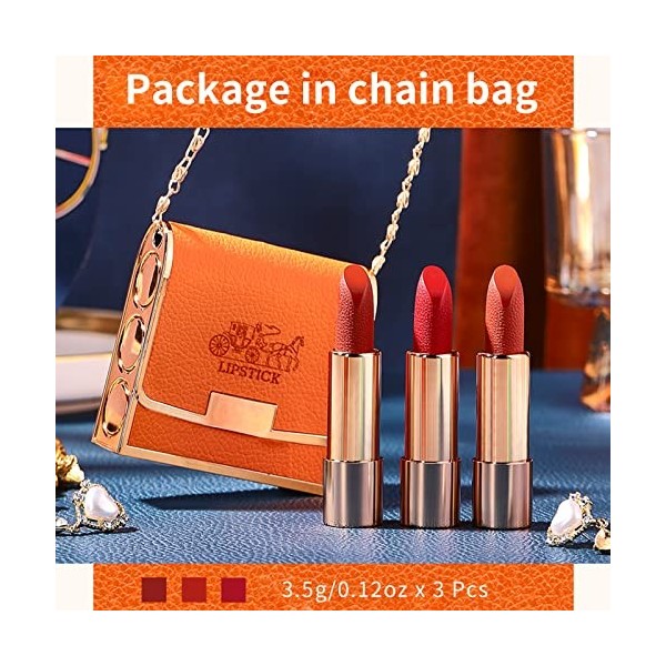 Lot de 3 rouges à lèvres mats 3 couleurs avec sac en chaîne orange Emballage en velours Rouge à lèvres étanche Antiadhésif Lo