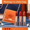 Lot de 3 rouges à lèvres mats 3 couleurs avec sac en chaîne orange Emballage en velours Rouge à lèvres étanche Antiadhésif Lo