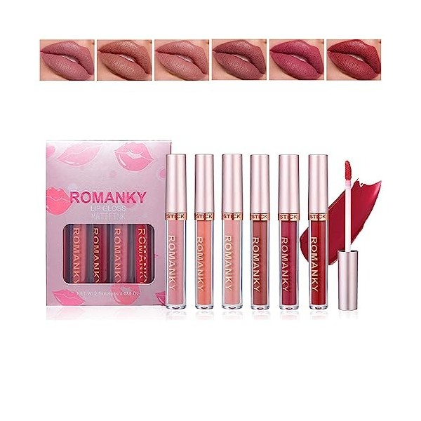 Rechoo 6pcs Rouge à Lèvres Mat, Rose Nude Liquide Lipstick Set, Lèvres Lisse Teinte Longue Durée, Lipgloss Imperméable et Ant