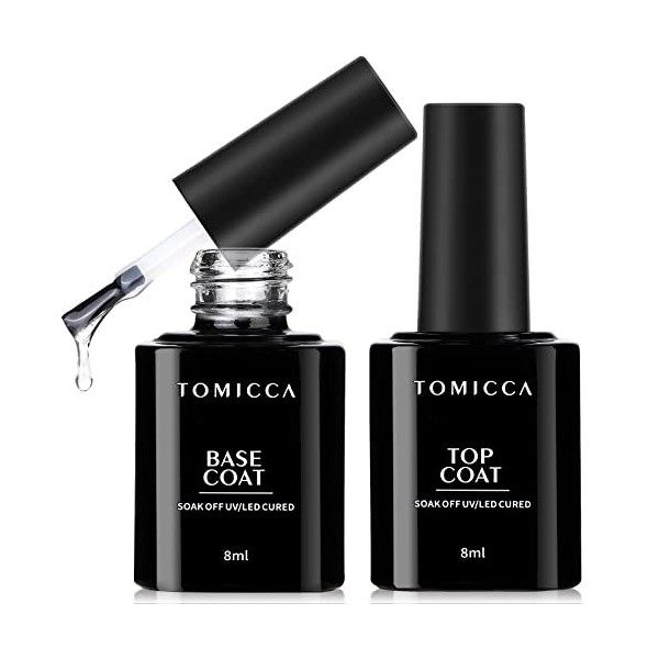 TOMICCA 2*15ml Vernis Semi Permanent Base et Top Coat,No Wipe Top Coat et Base Coat Gel UV Set,Vernis à ongles Gel Semi-perma