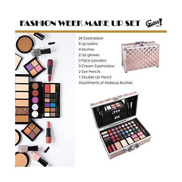 Mallette de Maquillage | kit 48 Pièces : Blush, Fard à Paupières, Rouge à Lèvres, Vernis à Ongles | Coffret de Rangement | Or