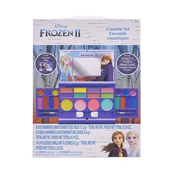 Townley Girl frozen 2 cosmétiques compactset avec miroir 14 gloses lèvre, 4 corps shines, 6 brosses coloré portable pliable m