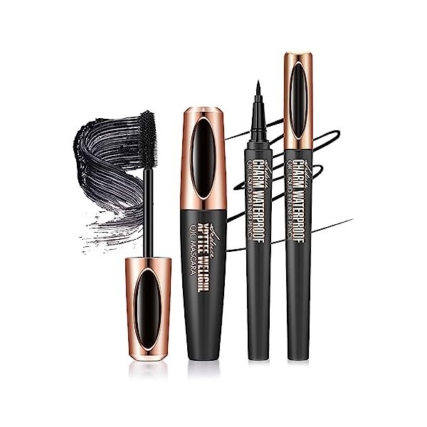 Mascara et Eyeliner, MKNZOME Mascara Waterproof Noir Eye Liner Mascara Fibre de Soie 4d Longue Durée Yeux Maquillage Femme po