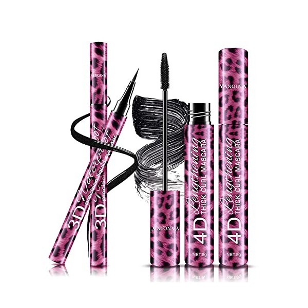 Mascara et Eyeliner, MKNZOME Mascara Waterproof Noir Eye Liner Mascara Fibre de Soie 4d Longue Durée Yeux Maquillage Femme po