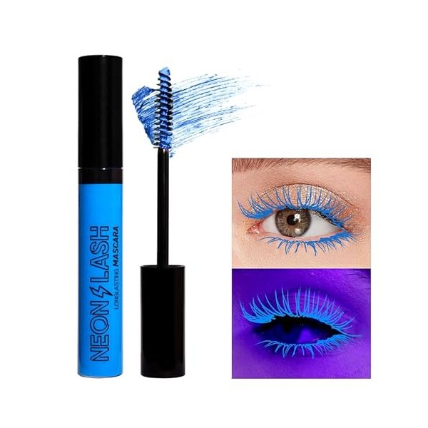 Mascara néon UV Glow - Mascara coloré végétalien - Imperméable - Bleu fluo - Mascara à paillettes en fibre 4D - Épais et long