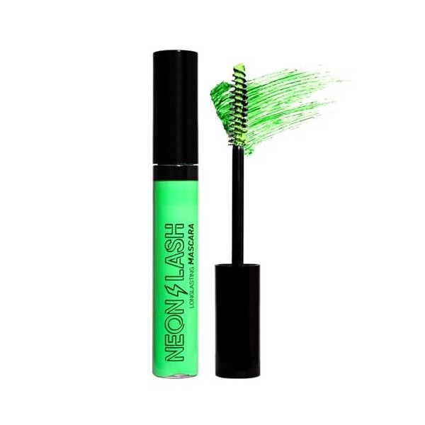 Mascara néon UV Glow - Mascara coloré végétalien - Imperméable - Bleu fluo - Mascara à paillettes en fibre 4D - Épais et long