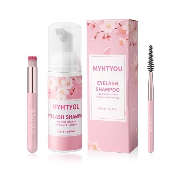 Nettoyant pour extensions de cils, BREYLEE Shampooing pour extensions de cils 60 ml + baguette de mascara + brosse nettoyante