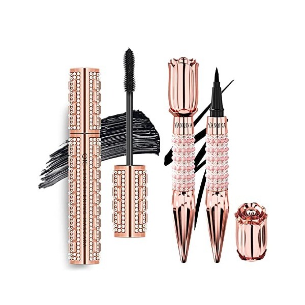 Joyeee Mascara Waterproof Noir, Mascara Fibre de Soie 4D + Eyeliner Set, Noir Waterproof Eyeliner Eyeliner, Volume Long Lasti