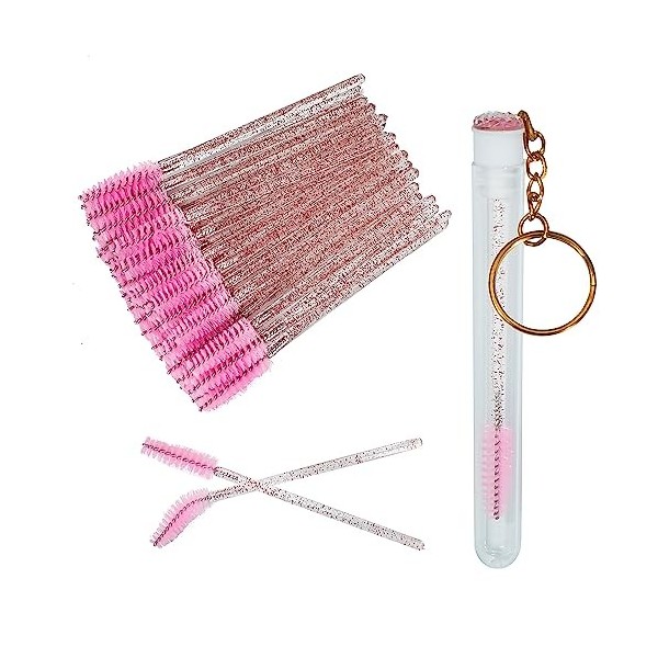 FINEASY Lot de 51 pinceaux à cils jetables avec tube de pinceaux à mascara, baguettes de mascara en cristal rose, bobines pou