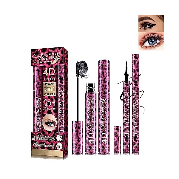 Mascara Waterproof Noir HOUSN Imperméable Longue Durée 4D Fibre Soie Mascara +Liquide Eyeliner Set,Épaississant Allongant Vol