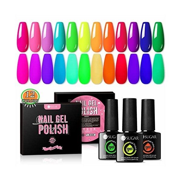 UR SUGAR 7ML Vernis Semi Permanent Fluo Néon Fluorescente, Lot de 12 Couleurs Néon Fluo Jaune Rouge Rose Bleu Vert Violet Ver