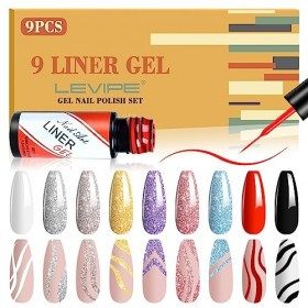 LEVIPE Painted Vernis Semi Permanent Liner, Line Art Gel 9 Couleurs Noir Blanc Rouge, Champagne Bleu Argent Or Violet Paillet