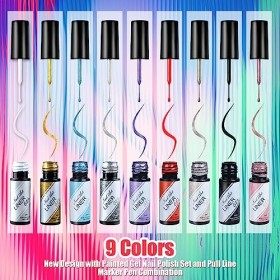 LEVIPE Painted Vernis Semi Permanent Liner, Line Art Gel 9 Couleurs Noir Blanc Rouge, Champagne Bleu Argent Or Violet Paillet