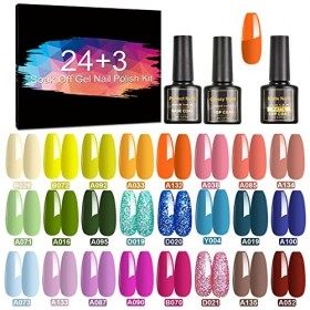CHARMNAIL Vernis Semi Permanent, 27 PCS Vernis à Ongles Avec Base Coat, Glossy et Matte Top Coat, Soak Off UV LED Gel Manucur