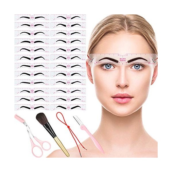 29 Pièces Set de Kit de Modelage de Pochoirs à Sourcils Inclure 24 Pièces Modèle de Sourcil Réutilisable avec Sangle Tondeuse