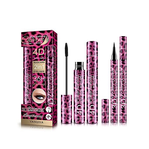 Kit mascara et eye-liner en fibre de soie 4D, RoseFlower Mascara à cils en fibre de soie noire imperméable et anti-taches, ma