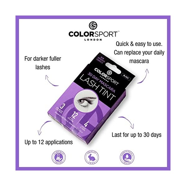 Colorsport Mascara pour cils London 30 jours - Mascara volumateur avec teinture semi-permanente pour cils, dure jusquà 30 jo