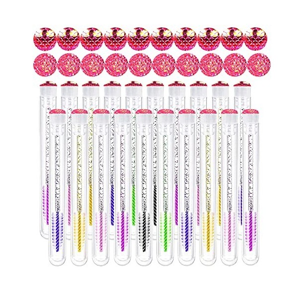 BAQI Lot de 20 tubes de mascara réutilisables, 20 brosses à mascara et 20 brosses à cils diamantées pour femmes et filles, 2 