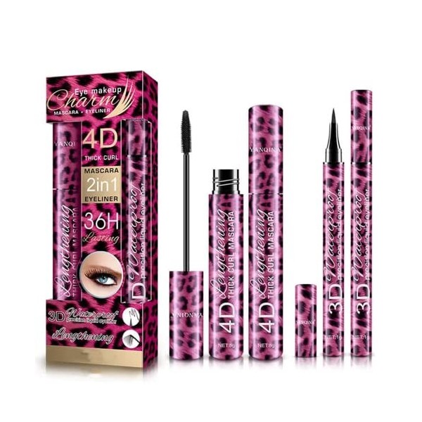 4D Silk Fiber Mascara & Eyeliner Set,2 in 1 Eyeliner and Mascara Set, Smudge-Proof Waterproof Thickening Eyes Makeup,Adds Len