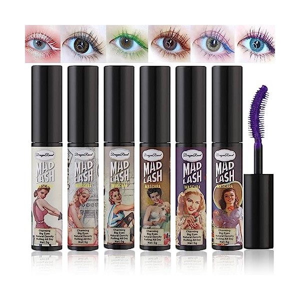 6 Colors Imperméable Mascara coloré pour Ensemble de Cils, Naturel Smudgeproof Volumateur Durable Curling Colorful Mascara fo