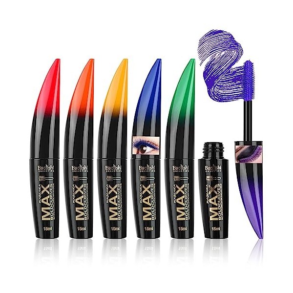 RoseFlower Mascara Coloré, 6 Couleur Mascara Durable Coloré en 4D, Ensemble de mascara de couleur imperméable, anti-taches, m