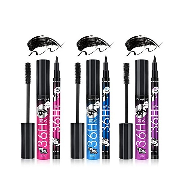 Kit mascara et eye-liner en fibre de soie 4D, RoseFlower 3 Pièces Mascara à cils en fibre de soie noire imperméable et anti-t