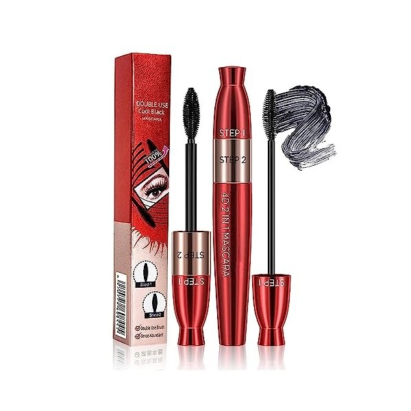 4D Lengthening Curling Mascara, 2 In 1 Black Mascara Double Headed, Waterproof Mascara 4D Silk Fiber Eyelash Mascara, Non Smu