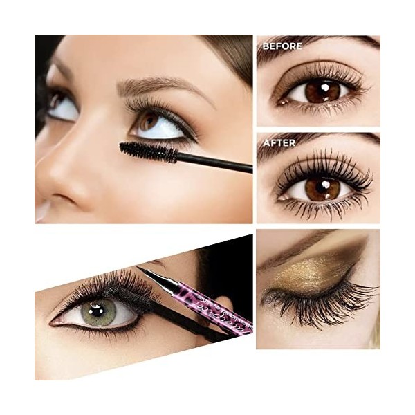 FIRSTWELL 2 po 1 en 1 Mascara et Eye-Liner, 4d Silk Fibre Lash Mascara Set, Eyeliner Eyeliner Eye-Liner à Crayon Liquid Eyeli