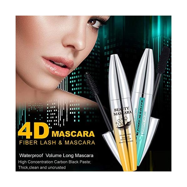 Mascara Eye Lashes Mascara Cils 3D en Fibre de Soie, 2pcs Mascara Mascara Cils Imperméables, Mascara Curling Noir Mascara Lon