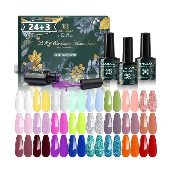 Anicco Vernis Semi Permanent - 27 pcs Lot Vernis à Ongles Nail Gel UV LED Manucure Nail Polish Soak Off 24 Couleurs Populaire