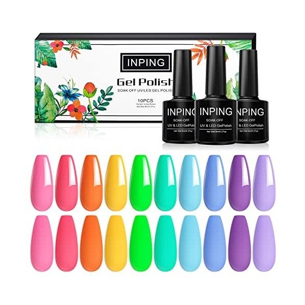 INPING Vernis Semi Permanent Pastel- 10 Couleurs Neon Printemps Dété UV Vernis à Ongles Bleu Rose Orange Rouge Jaune Or Bril