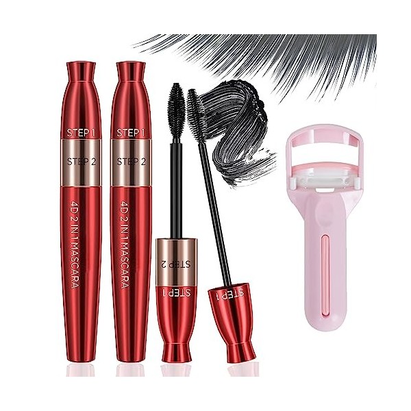 4D Lengthening Curling Mascara, Double-Ended Mascara Black 2 In 1, Black Waterproof Silk Fiber Lash Mascara, 4D Silk Fiber Ma