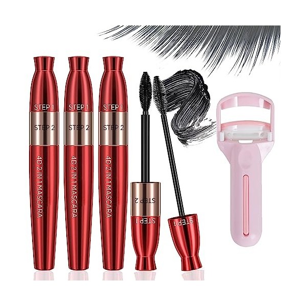 4D Lengthening Curling Mascara, Double-Ended Mascara Black 2 In 1, Black Waterproof Silk Fiber Lash Mascara, 4D Silk Fiber Ma