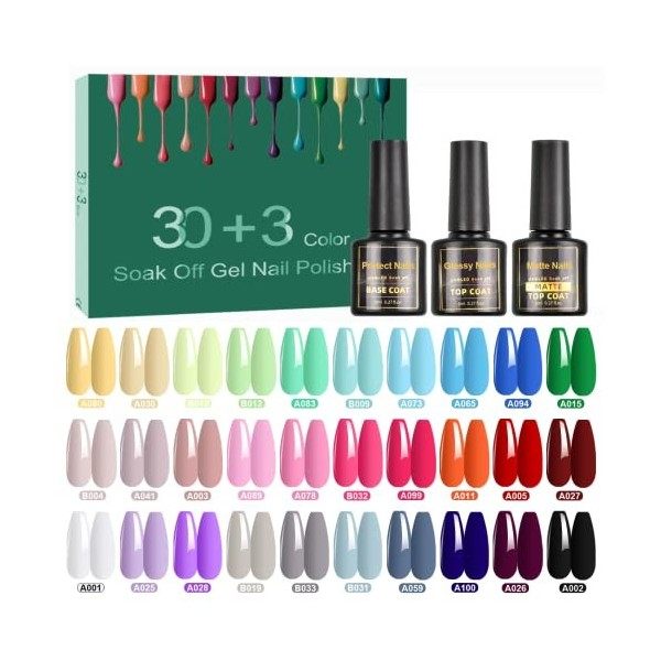 TORMAY Vernis Semi Permanent 33 Pcs, Lot UV LED Vernis à Ongles Gels Semi-permanents 30 Couleurs Avec Base et Brillant Top Co