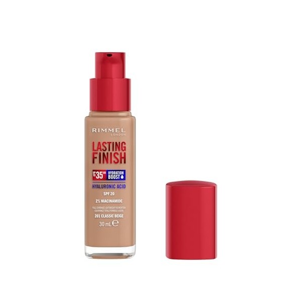 Rimmel London Lasting Finish 35 Hour, 201 Classic Beige, fond de teint, longue tenue, hydratant, formule vegan, couvrance tot