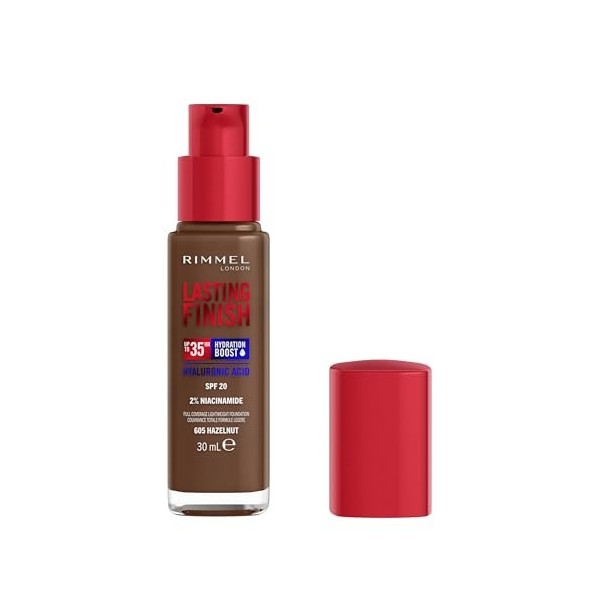 Rimmel London Lasting Finish 35 Hour, 605 Hazelnut, fond de teint, longue tenue, hydratant, formule vegan, couvrance totale, 