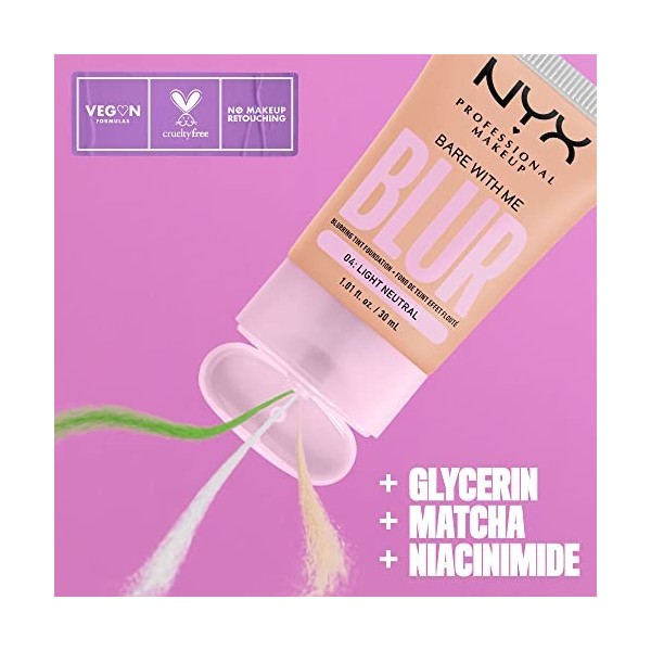 NYX Professional Makeup Fond de Teint Effet Flouté Bare With Me Blur, Couvrance Moyenne, Fini Mat Naturel, Niacinamide, Match