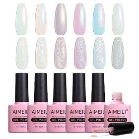 AIMEILI Vernis Semi Permanent Brillant Perle Gel, Nacré avec Fil Shell Glitter Vernis à Ongles Gel UV LED Soak Off 6 Couleurs