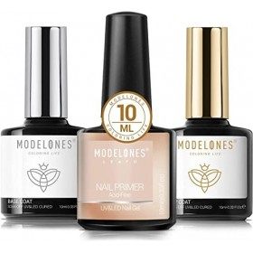 Modelones Top Coat Semi Permanent, Vernis à Ongles Gel UV Complet No Wipe 10ML Base et Top Coat Primer Ongles Kit pour LED La