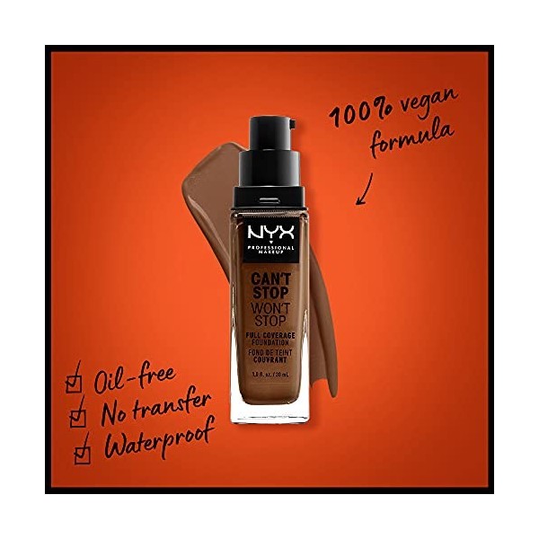 NYX Professional Makeup Fond de Teint Liquide Couvrant Tenue 24h Cant Stop Wont Stop, Waterproof, Fini Mat, Teinte : Mocha