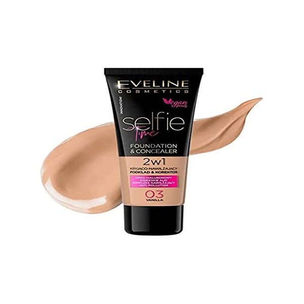 Fond de teint et correcteur recouvant et hydratant Selfie Time dEveline Cosmetics, 2 en 1, 30 ml, n° 03, vanille