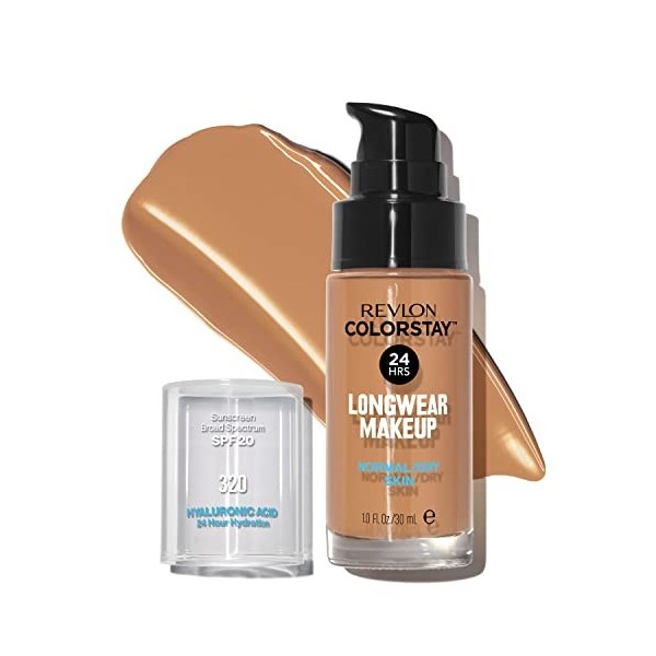 Fond de teint Revlon, ColorStay Longue Tenue, peaux normales à sèches, 24H tenue + soin, formule enrichie en acide hyaluroniq...