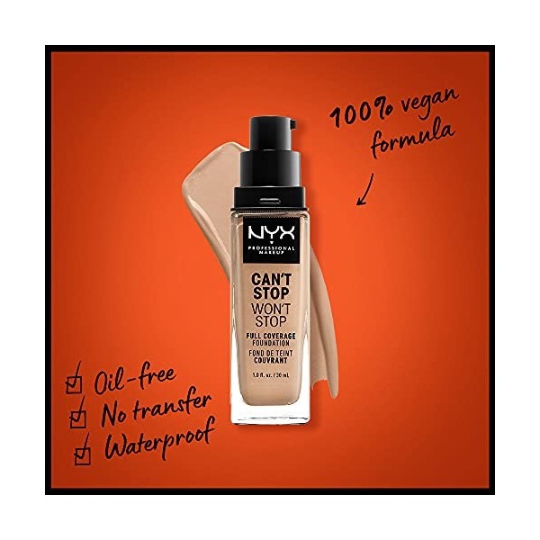 NYX Professional Makeup Fond de Teint Liquide Couvrant Tenue 24h Cant Stop Wont Stop, Waterproof, Fini Mat, Teinte : Medium