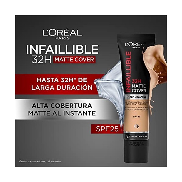 LOréal Paris - Fond de Teint Mat Haute Couvrance Waterproof - Longue Tenue - Léger & Matifiant - SPF 25 - Infaillible 32H Ma