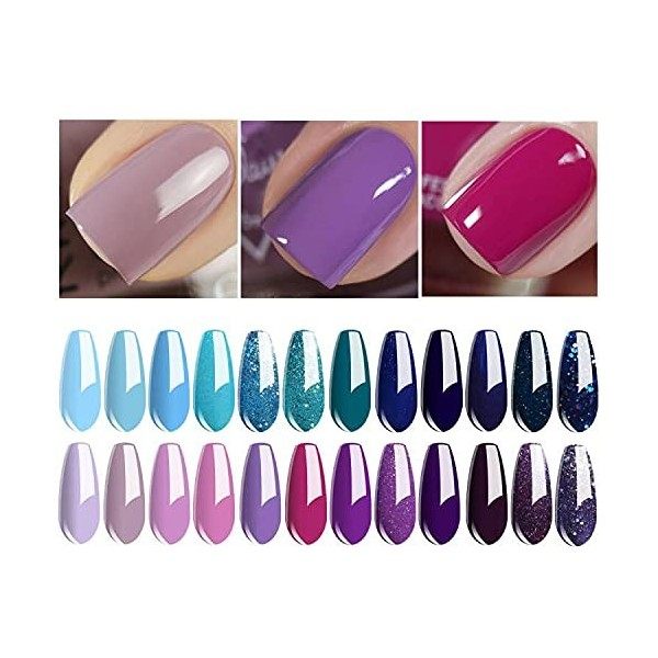 Vishine Lot de 24 Vernis à Ongles Semi permanent Vernis Gels UV LED Soak Off Bleu Violet Pourpre Collection Kit Manicure pour