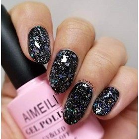 AIMEILI Soak Off UV LED Vernis à Ongles Gel Semi-Permanent Paillettes Noires Gel Polish - Diamond Glitter Amethyst Purple 04