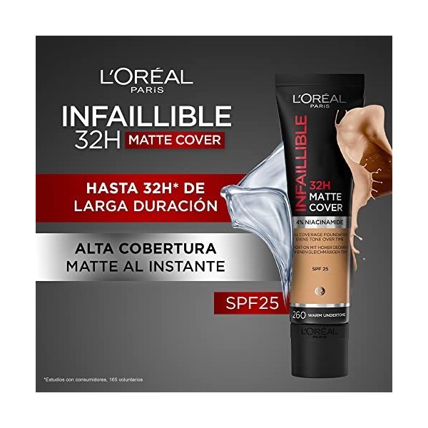 LOréal Paris - Fond de Teint Mat Haute Couvrance Waterproof - Longue Tenue - Léger & Matifiant - SPF 25 - Infaillible 32H Ma