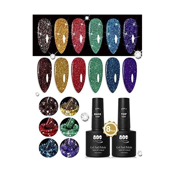 YTD Likomey Vernis Semi Permanent Pailleté Reflechissante,6 Couleurs Avec Base et Top Coat Vernis à Ongles Paillettes Réfléch