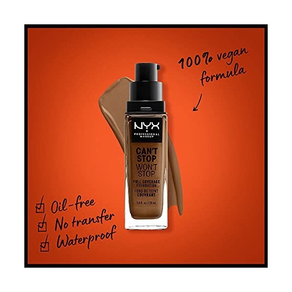 NYX Professional Makeup Fond de Teint Liquide Couvrant Tenue 24h Cant Stop Wont Stop, Waterproof, Fini Mat, Teinte : Sienna