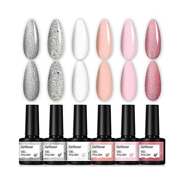 GELFAVOR Vernis Semi Permanent Argent Blanc Rose Nude Couleur Paillettes Vernis à Ongles Gels Semi-permanents Soak Off Manucu